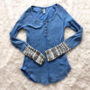 Free People Small Blue Newbie Ski Blue Crochet Cuff Thermal Shirt Top